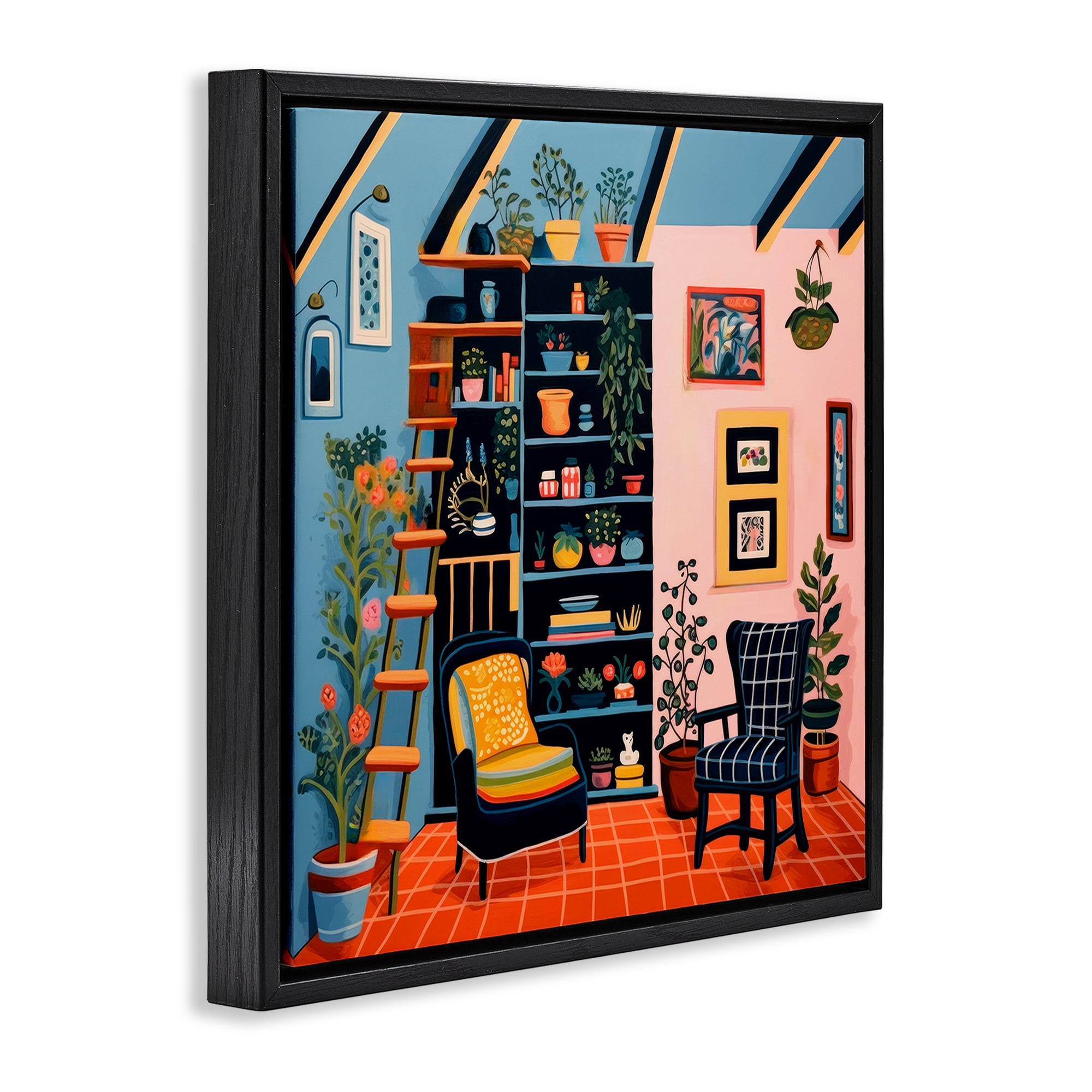 Stupell Industries Bookshelf Scene & Plants Furniture Painting Black Floater Framed Canvas Art Print Wall Art, 18 x 18