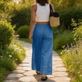 thumbnail image 7 of Womens Linen Lace Trim Pants Summer Boho Elastic Waist Wide Leg Palazzo Pants Flowy Pull on Vacation Beach Pants, L, 7 of 7