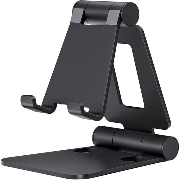 Dual Folding Cell Phone Stand, Fully Adjustable Foldable Desktop Phone Holder Cradle Dock Compatible with Phone 15 14 13 12 11 Pro Xs Xs Max Xr X 8, Nintendo Switch, All Phones-Black