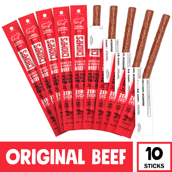 Chomps Beef Jerky Sticks, Original Beef, High Protein, Gluten Free, Sugar Free, Whole 30 Approved, 10ct 1.15oz