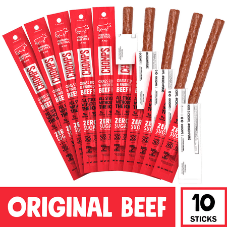 Chomps Beef Jerky Sticks  Original Beef  High Protein  Gluten Free  Sugar Free  Whole 30 Approved  10ct 1.15oz