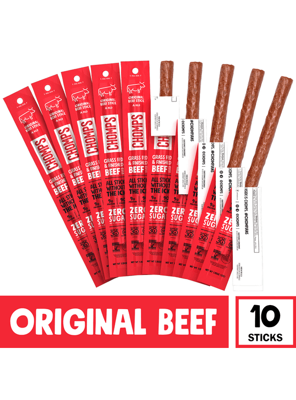 Chomps Beef Jerky Sticks, Original Beef, Keto Snack, Meat Sticks, Paleo Friendly, Sugar Free, Grass Fed, 10ct 1.15oz