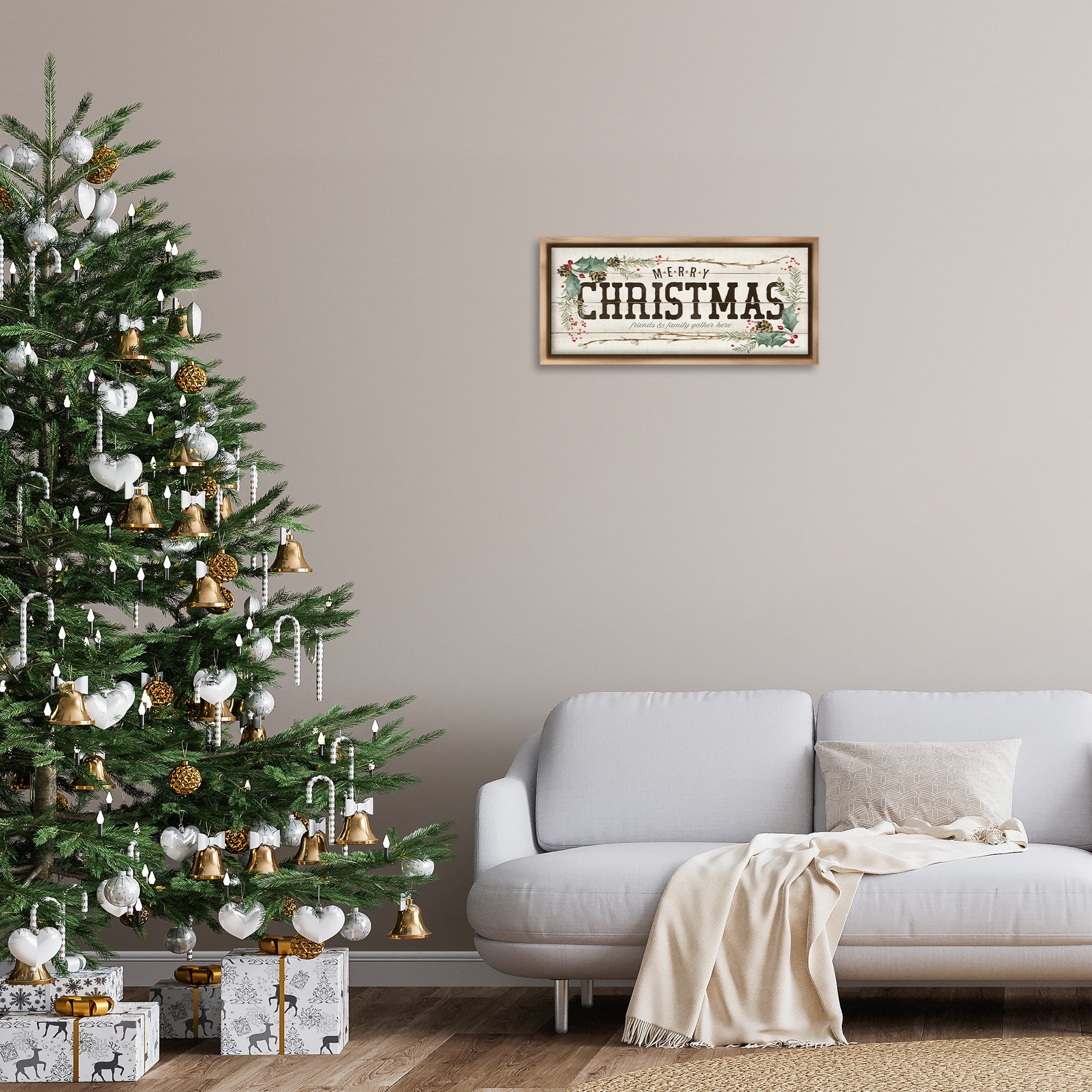 Stupell Industries Merry Christmas Friends & Family Holiday Painting Brown Floater Framed Canvas Art Print Wall Art, 25 x 11