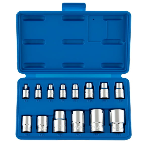 NEIKO 04300A E-Torx Socket Set, 14 Piece, External Torx Socket, E4 to E24, 1/4”, 3/8” and 1/2” Drive, Female Star External Torx, Inverted Torx Socket Set, Cr-V Steel