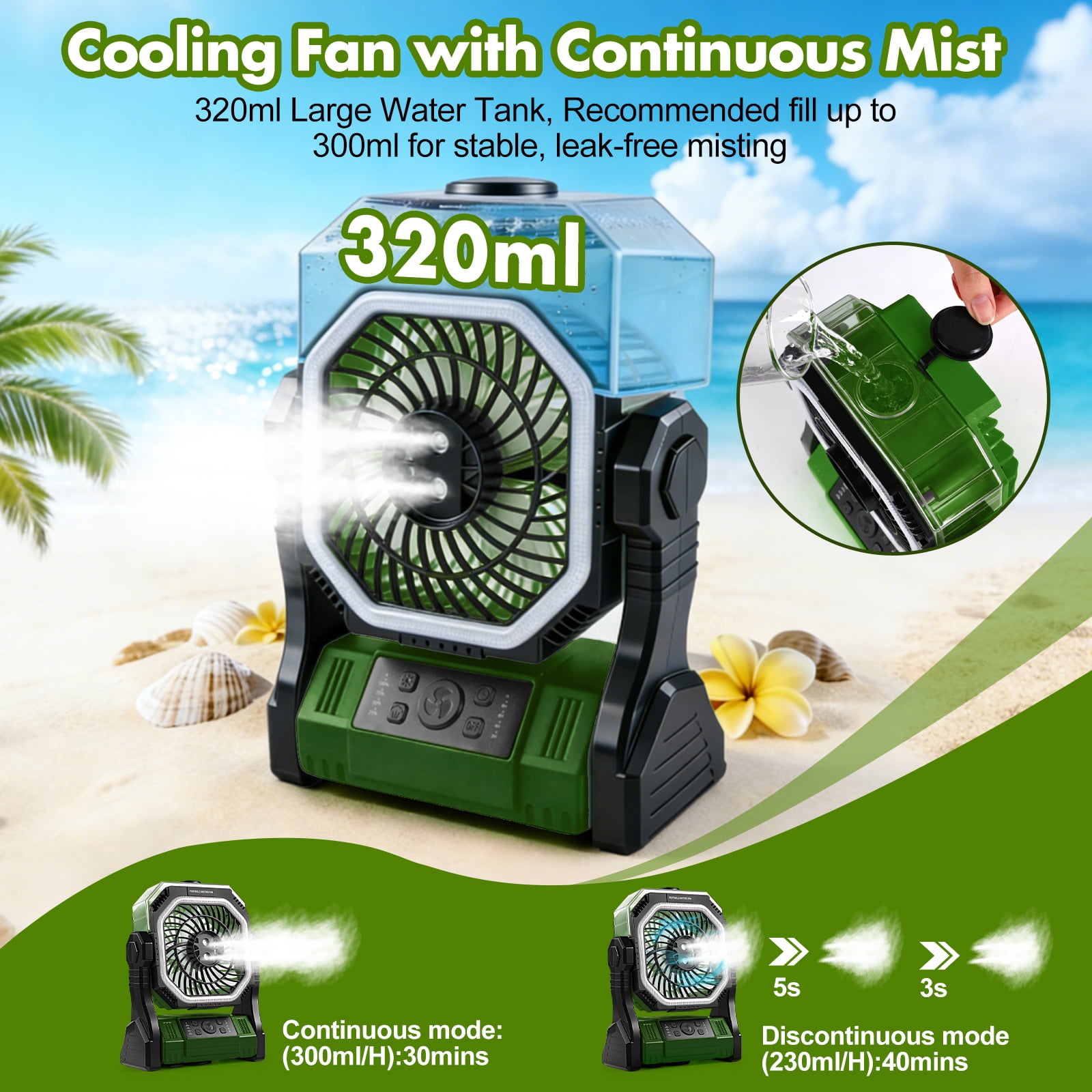 Henotian Camping Fan and Misting Desk Fan, 20000mAh Rechargeable Portable Fan with 320ml Water Tank, LED Lantern for Home, Patio, Travel