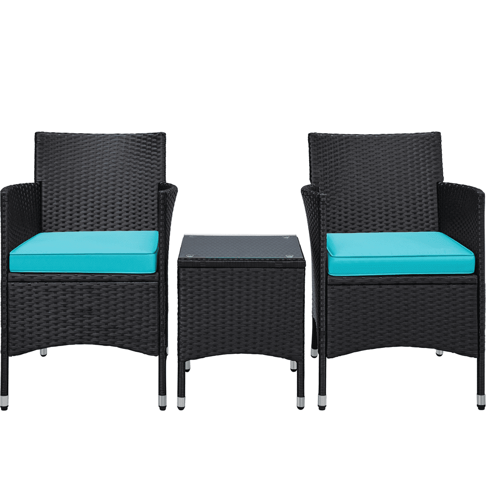 Yaheetech 3-Piece Wicker Furniture Set with Side Table, Black/Cyan