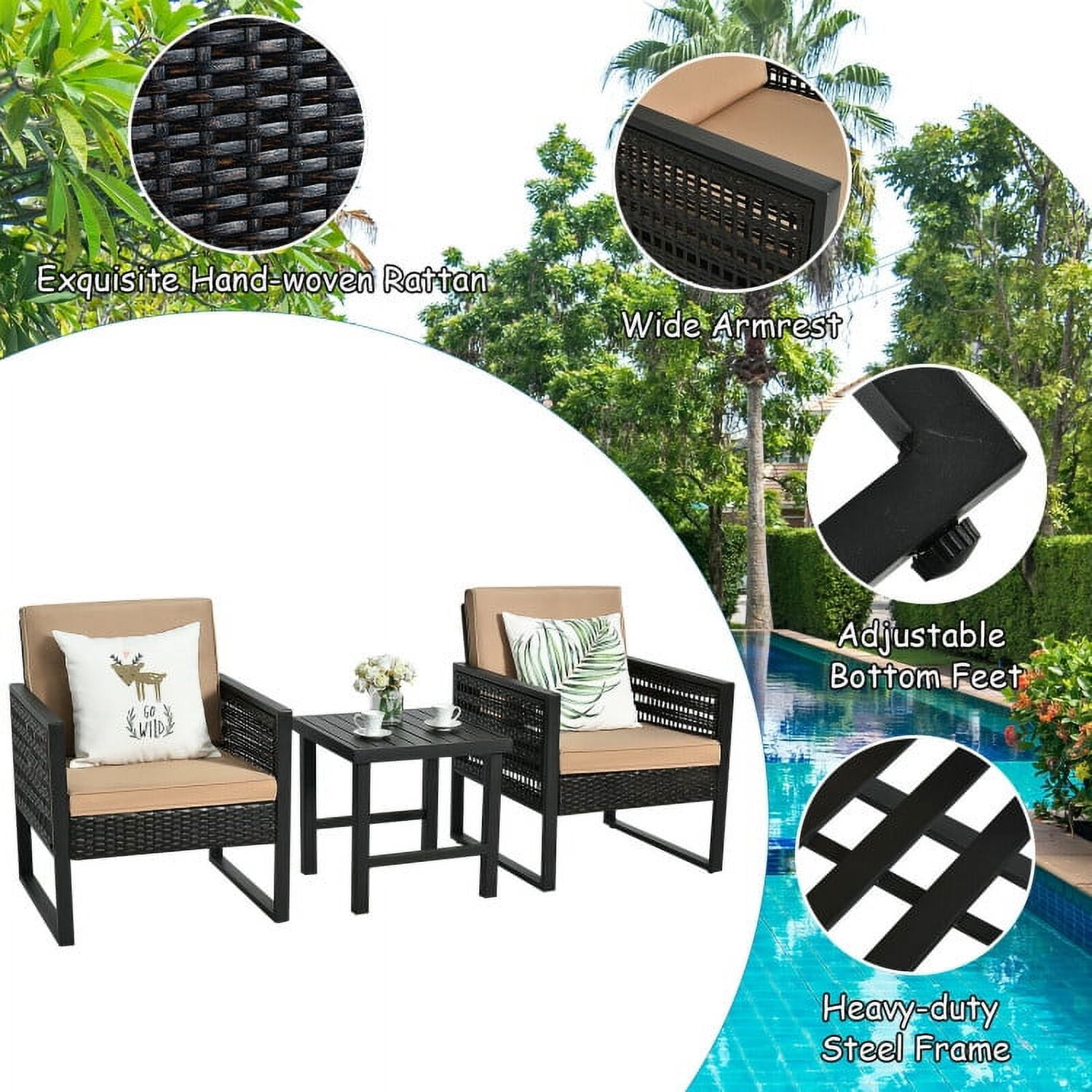 Aimee Lii 3 Pieces Wicker Patio Bistro Cushioned Furniture Set, Small Patio Set with Square Tea Table