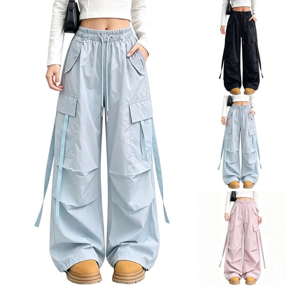 Bixock Cargo Pants for Girls High Waist Wide Leg Pants Kids Elastic Waist Solid Color Side Pocket Loose Breathable Fall Winter Outdoor Sport Casual Wear Size 7-8Years