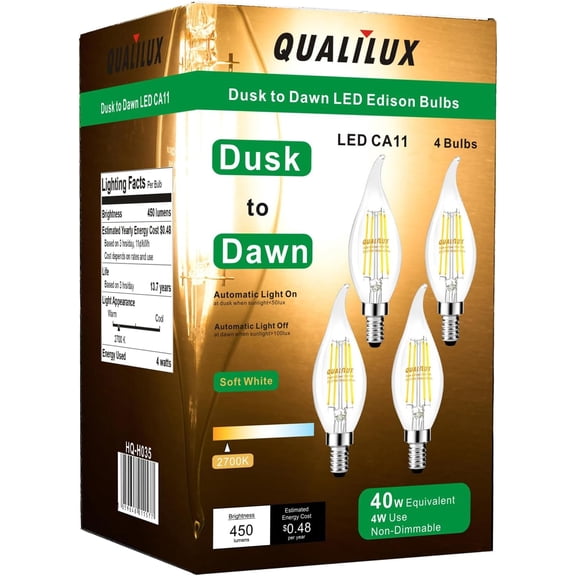 Dusk to Dawn Candelabra Bulbs Outdoor, CA11 Vinta, Candle Flame Tip Full Glass, Non-Plastic, Soft White 2700K, 4W=40W, 450LM LED Light Sensing Auto On/Off Bulb, E12 Base, 4-Pack, HQ-H035