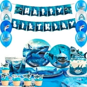 Shark Party Supplies, 67Pcs Shark Birthday Party Decorations & Tableware - Blue Plates Napkins Tablecloths Balloons Banner Cake Toppers etc Party Decorations