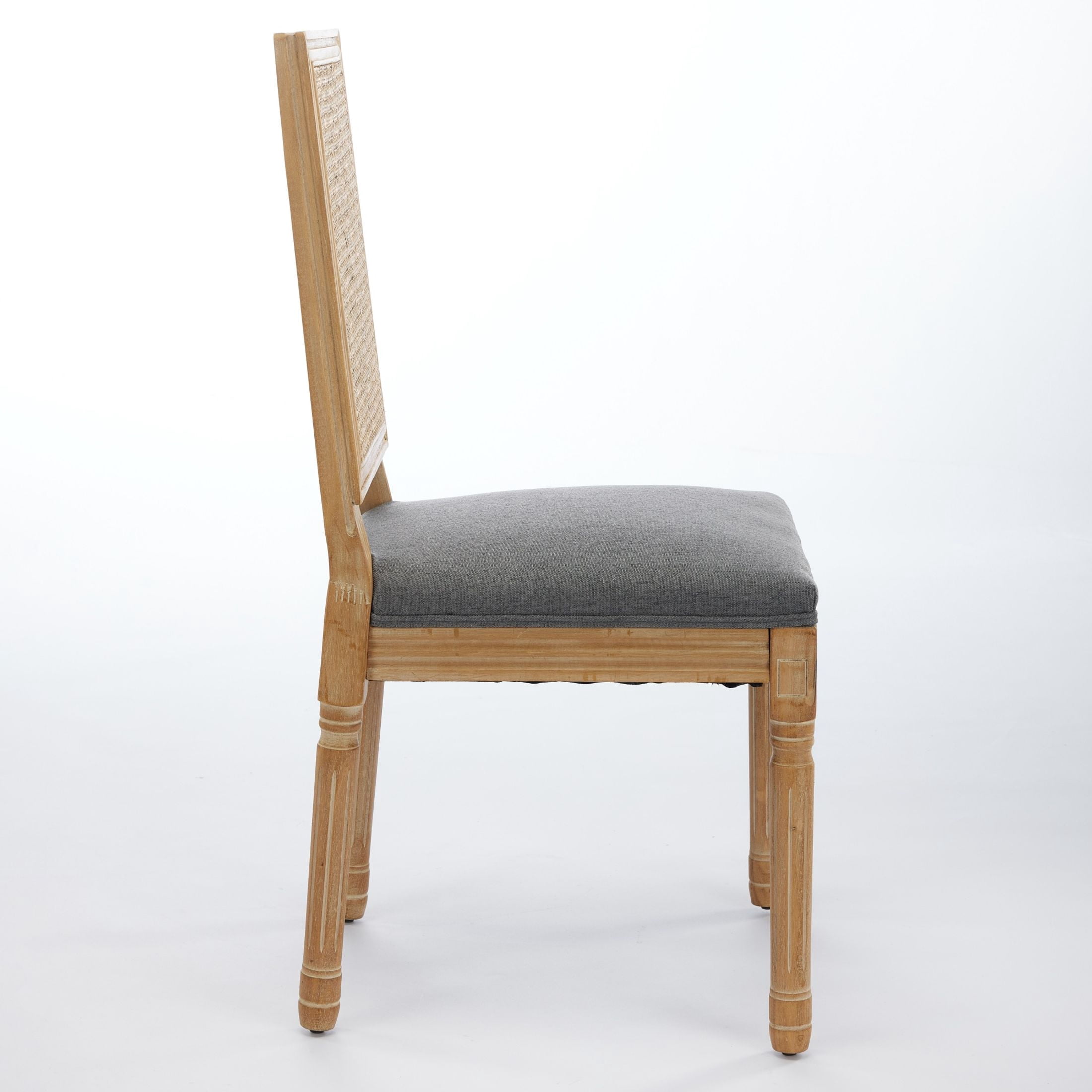 Noble House Set of 2 French Decor Dining Chairs, Rattan Backrest, Linen Fabric Seat, Gray