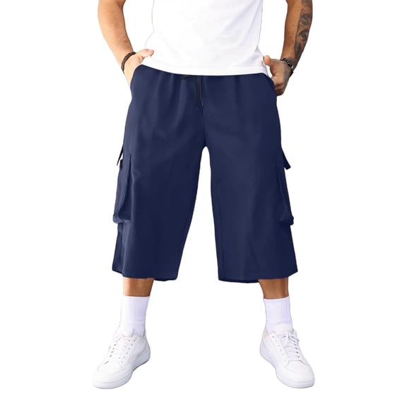 BVnarty Men's 3/4 Capri Cargo Pants Elastic Waist Drawstring Below Knee Baggy Wide Leg Casual Summer Lightweight Pants with Pockets Dark Blue XXL