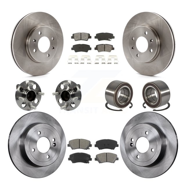 Transit Auto Front Rear Wheel Hub Bearings Assembly Disc Brake Rotors and Semi-Metallic Pads Kit (10Pc) for Car Kia Rio - Left Right Side (Driver Passenger) KBB-106791