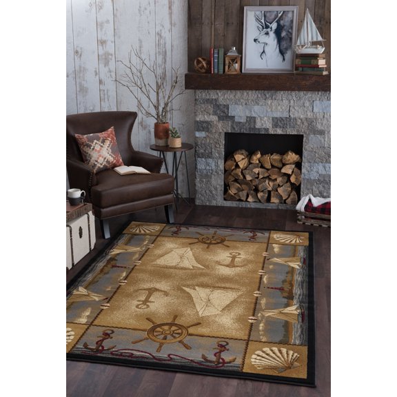 Nature Novelty 5' x 7' Beige and Steel Blue Polypropylene Indoor Area Rug