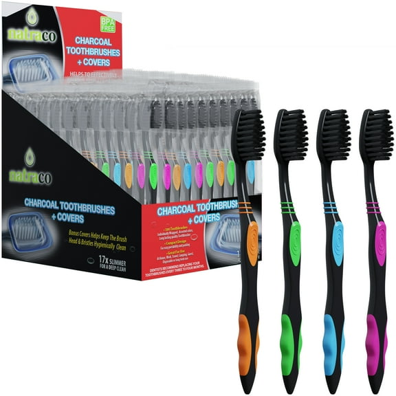 natraco Charcoal Bulk Toothbrushes, Soft Bristle, Deep Clean  Individually Wrapped With Covers, 100 Count