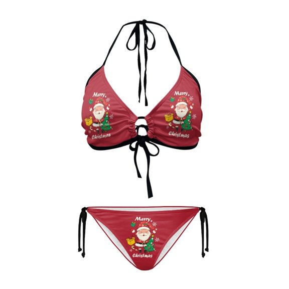 Chririnla Women's Halter Neck Two Piece Bikini Set Cartoon Santa Christmas Print Quick Dry Sexy Swimwear for Beach Vacation & Pool Party