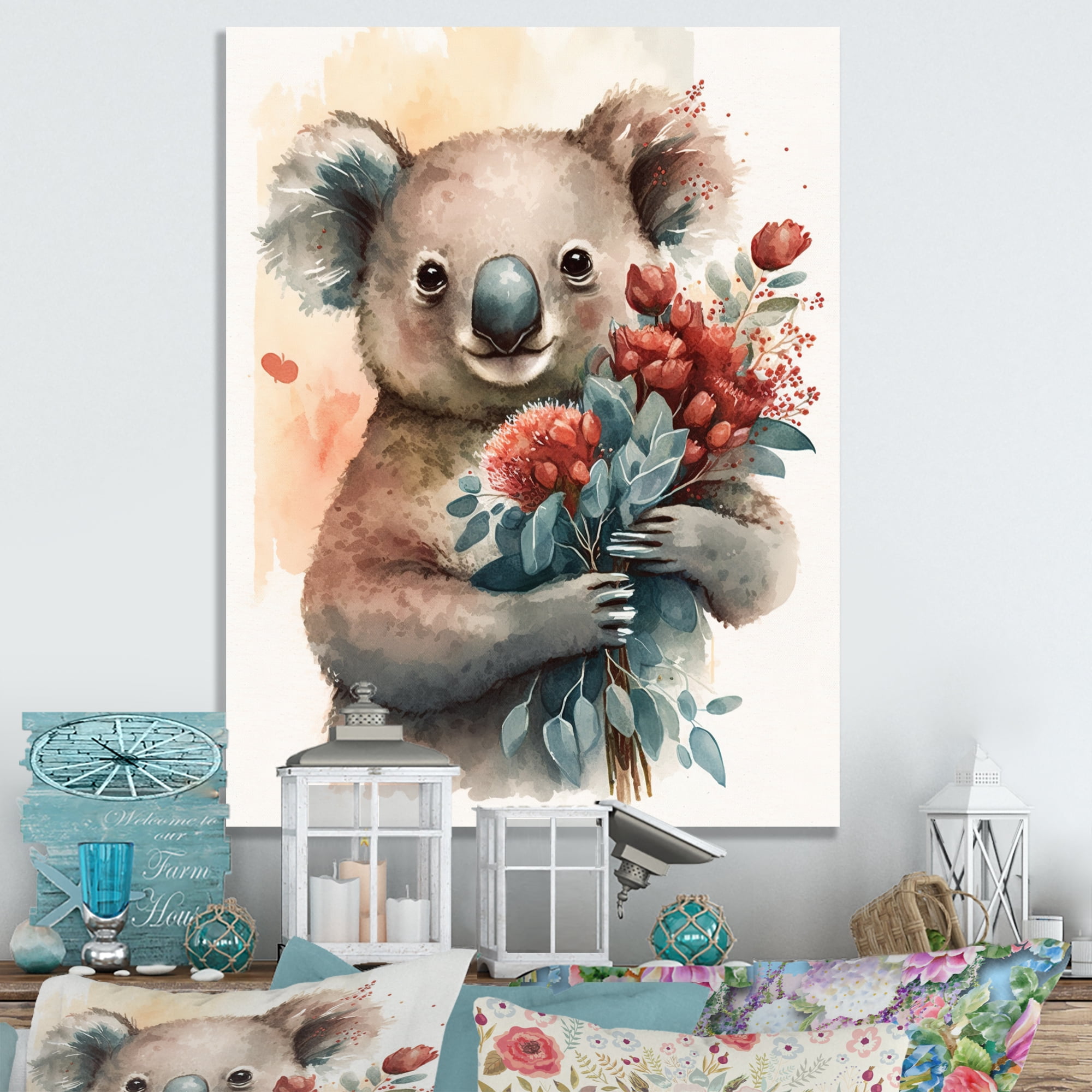 Designart Koala Bear Love Holding Flowers Canvas Wall Art