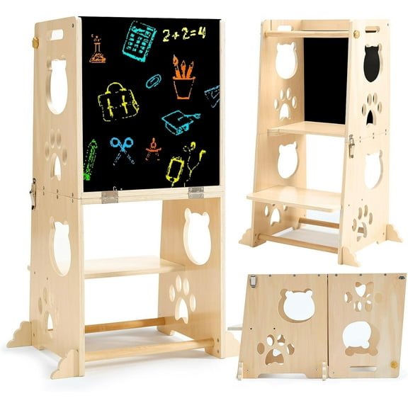 Collapsible Toddler Kitchen Step Stool With Chalkboard, Safety Rail, and Standing Tower for Kids 1-3