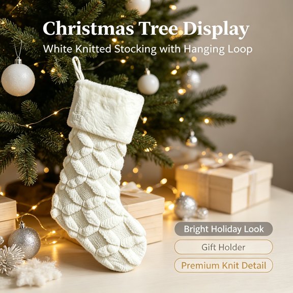 Knit Christmas Stocking, 18.9 in White Hanging Xmas Stocking with Plush Cuff and Textured Knit, Fireplace Mantel Decor, bldnkj