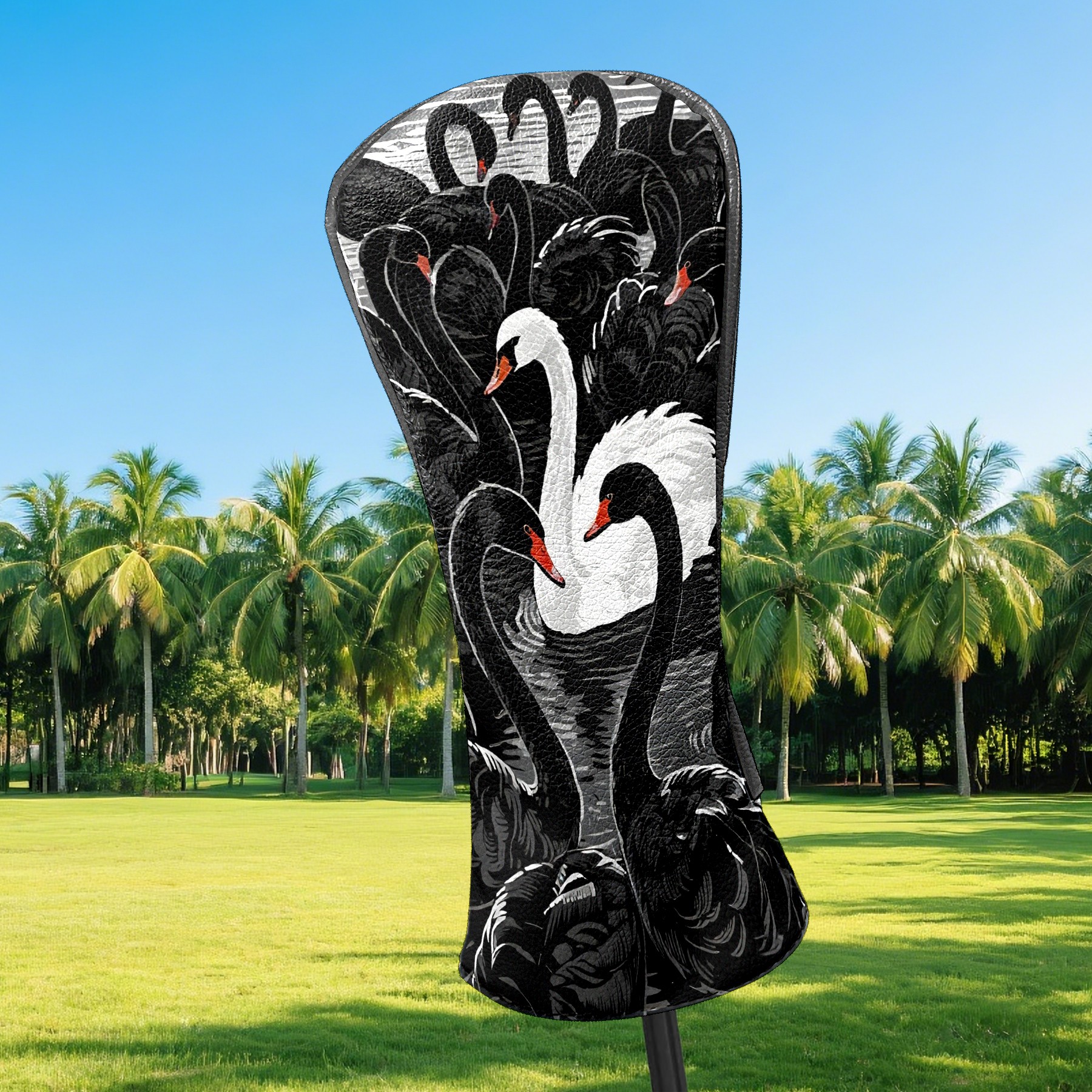 Golf Club Covers, Black And White Swan Premium PU Leather Driver Hybrid Putter Head Covers with Velvet Lining, Waterproof Golf Gifts for Men Women