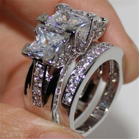 Luxury White Sapphire Love 925 Silver Engagement Wedding Ring Set