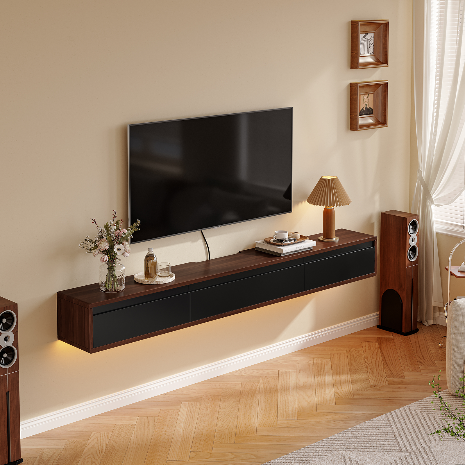 FloatiCasa 70" Floating TV Stand Wall Mounted Floating TV Shelf for TVs up to 75" Floating TV Console with 3 Flip-down Door