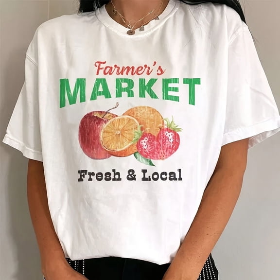 Retro Farmer's Market Graphic T-Shirt Vintage Style Fruit Illustration Fresh and Local Aesthetic Unisex Short Sleeve Tee
