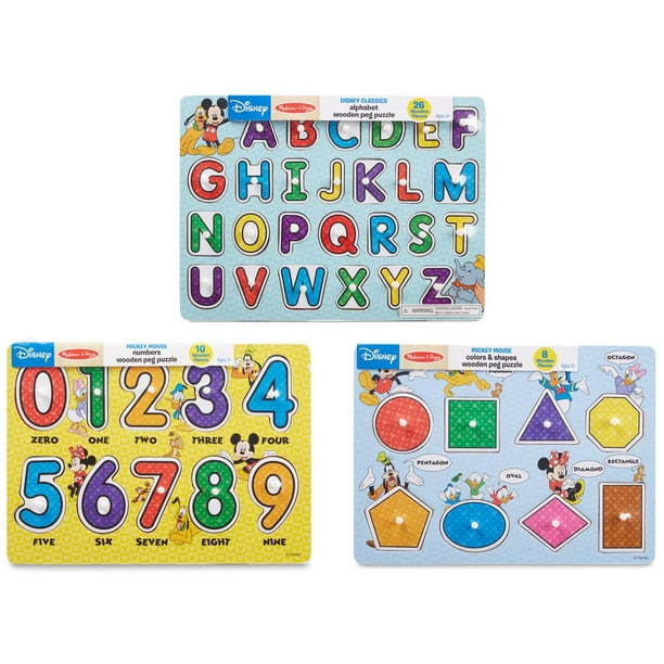 Melissa and Doug Disney Wooden Peg Puzzles Set with Letters, Numbers and Shapes and Colors