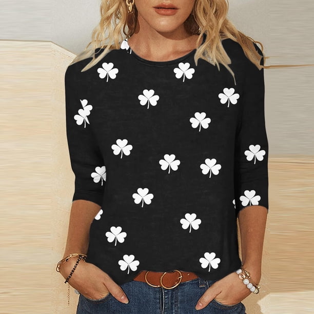 TaTaai Women's Casual Green Print Blouse Round Neck 3/4 Sleeve St. Patrick's Day T-Shirt Loose Fit Irish Holiday Spring Wear Gift