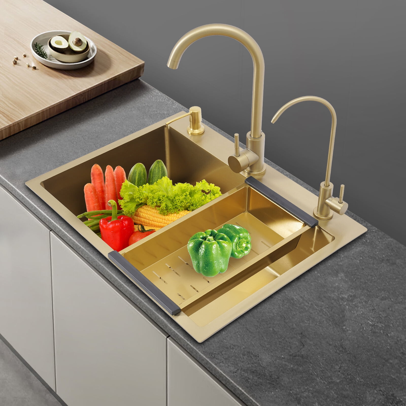 Gold Sink Set, 60x45cm Utility Sink with Faucet Soap Dispenser Drain Basket, Stainless Steel Laundry Tub, Large Capacity Kitchen Sink