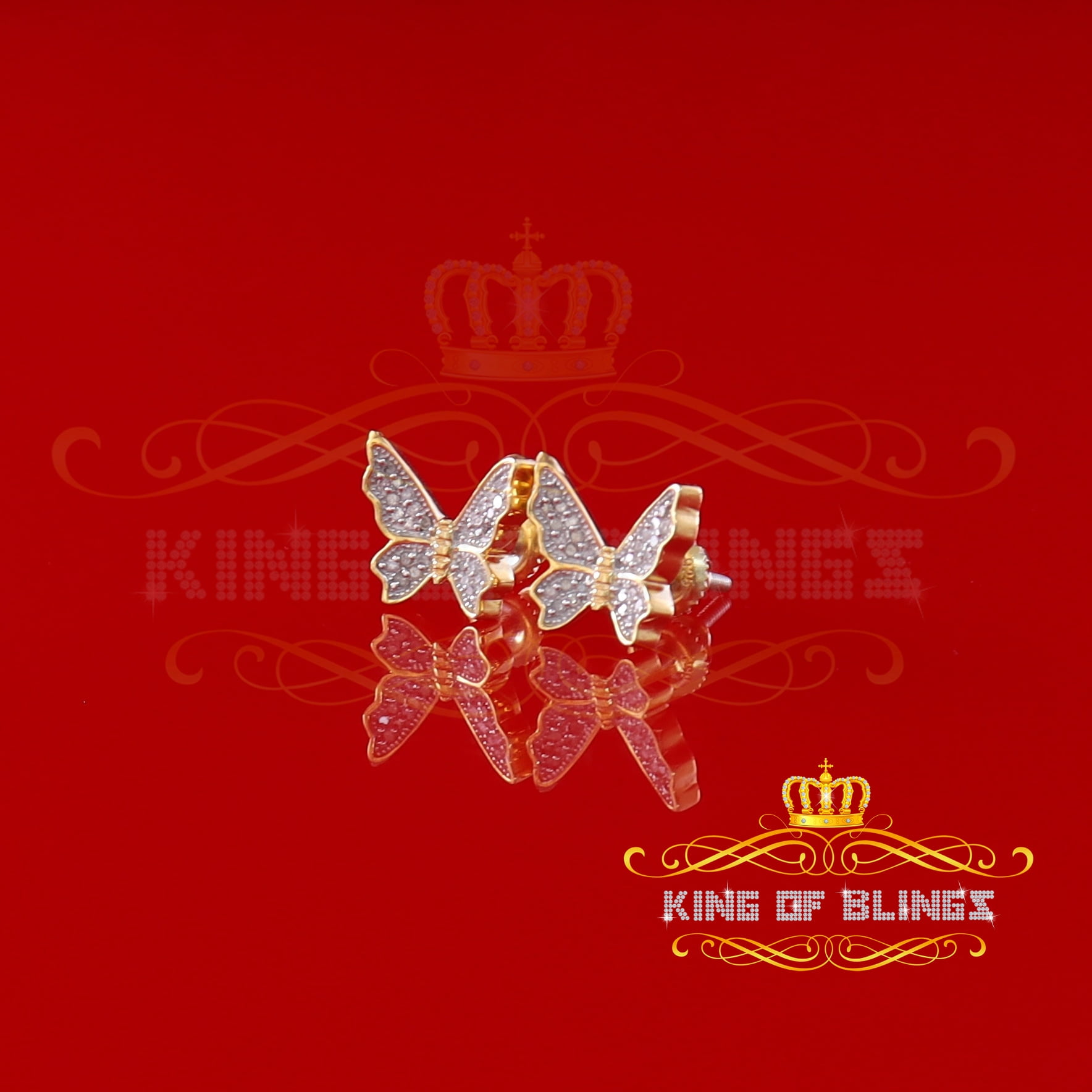 King of Bling's Women's 0.15ct Real Diamond Butterfly Stud Earrings Yellow 925 Sterling Silver