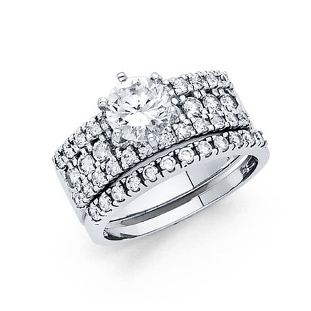 Round Solitaire CZ Bridal Rings Set 14k White Gold CZ Engagement Ring & Wedding Band Side Stones