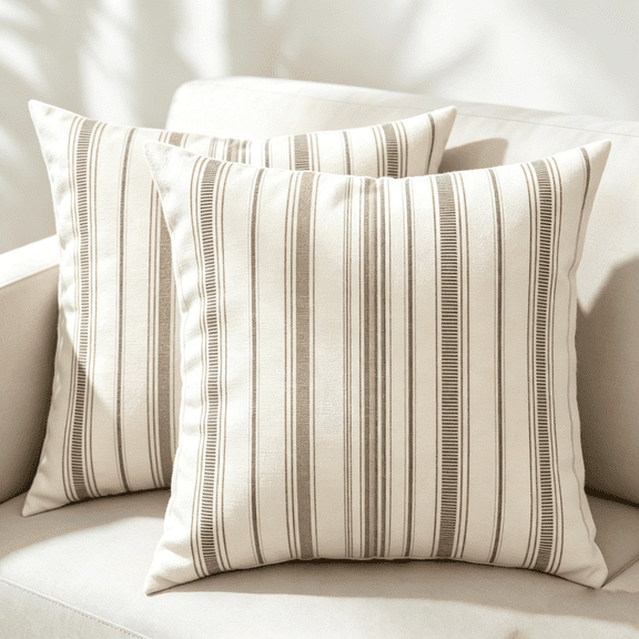 Linen Striped Throw Pillow Covers 18x18 Set of 2 Double-Sided Beige Farmhouse Pillow Cases Outdoor Waterproof Decor