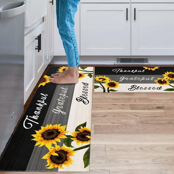 Sunflower Kitchen Rugs and Mats Non Skid Washable, Yellow Sunflower Kitchen Sink Mat Rug Floor Mat, Sunflower Kitchen Decor and Accessories Home Decor, Kitchen Mat Set of 2 (Sunflower, Tricolor