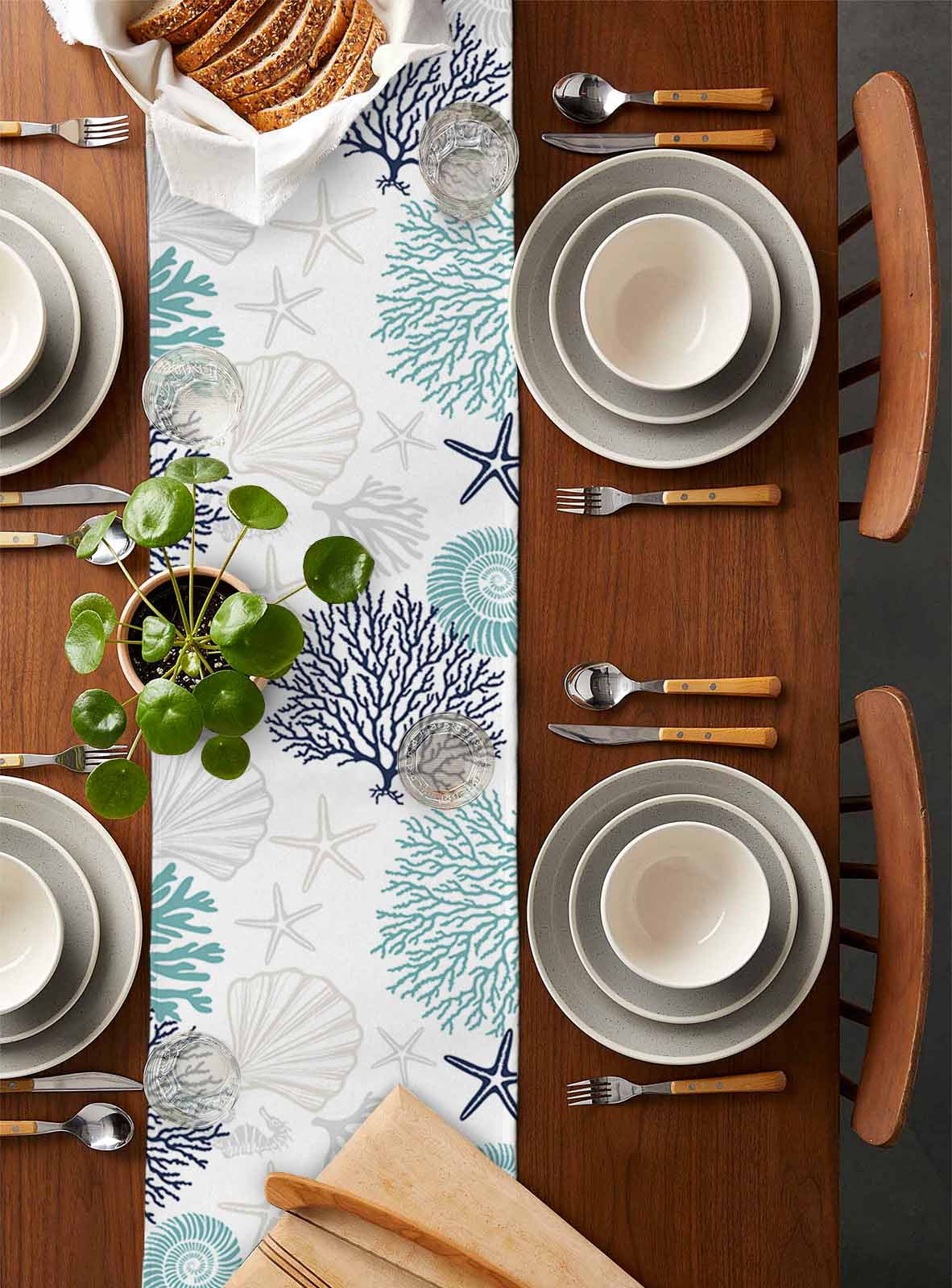 Coastal Table Runner Turquoise Blue Coral Starfish Shell Seahorse Tablerunners 14 x 72 Inch, Table Decorations Tabletop Scarf for Summer Gathering Holiday Farmhouse Kitchen Dining Decor
