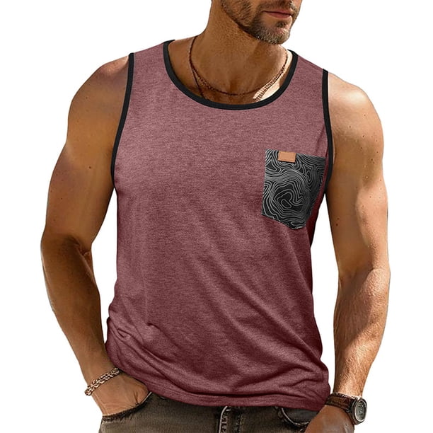 Camiseta de tirantes de cuello redondo para hombre, de verano, sin mangas, con cuello redondo, color block, bolsillo, de poliéster.