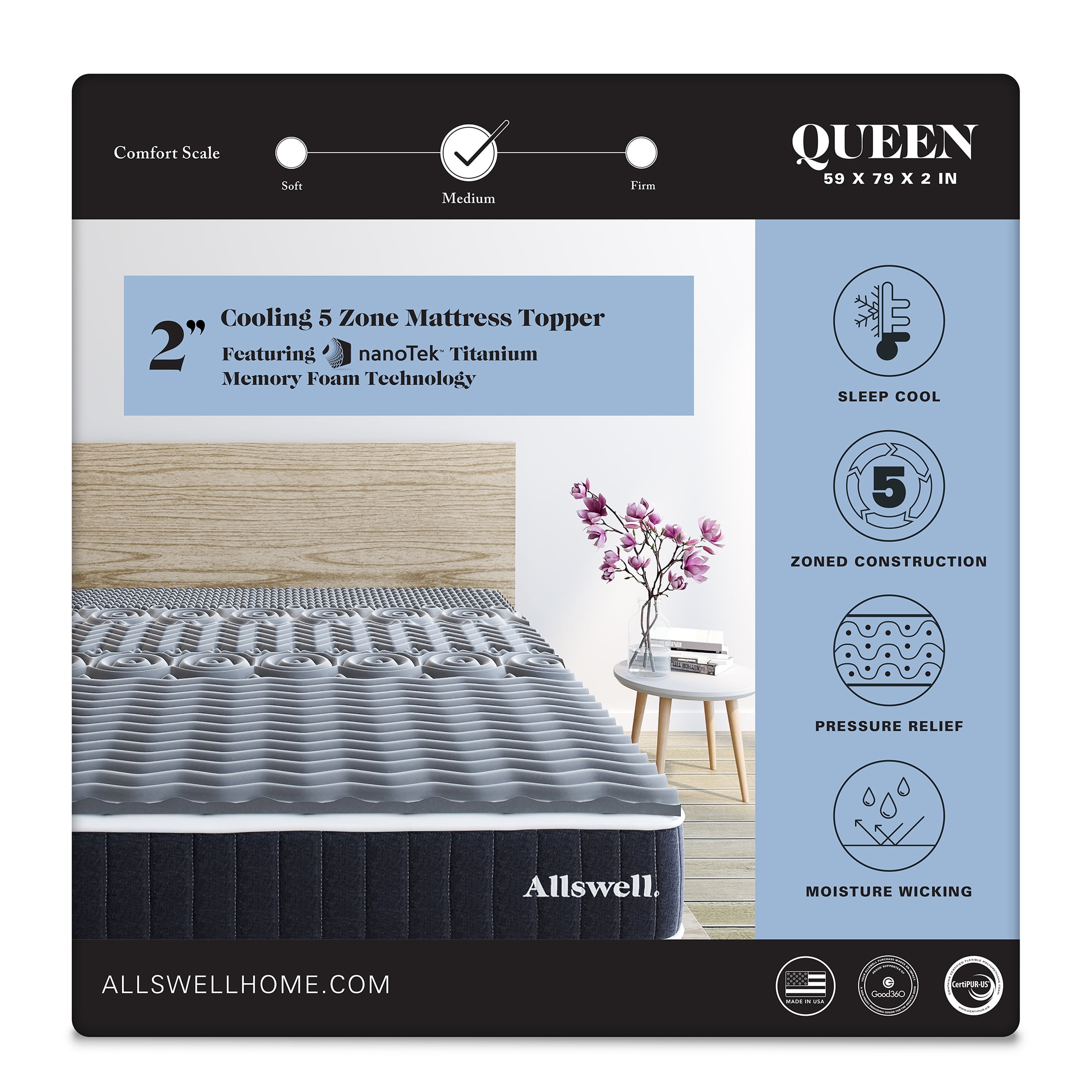 Allswell 2 in 5-Zone Cooling Titanium Memory Foam Mattress Topper, Queen