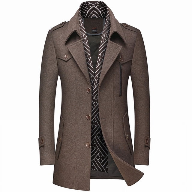 Abrigo de mezcla de lana para hombre con bufanda desmontable o cuello interior, abrigo de botonadura sencilla, gabardina cálida de invierno