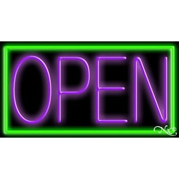 Green Border With Purple Open LED Neon Sign 13 x 24 - inches, Black Square Cut Acrylic Backing, with Dimmer - Bright and Premium built indoor LED Neon Sign for storefront.