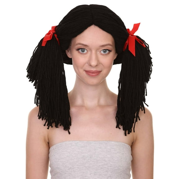HPO Adult Women's Gothic Rag Doll Wig | Horror Halloween Black Wigs with Red Ribbon | Premium Breathable Capless Cap