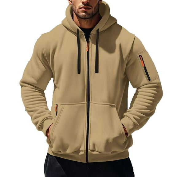 Fnooota Mens Zip up Hoodies, Sports Casual Fall Drawstring Sweatshirts with Pockets Khaki Size S-3XL