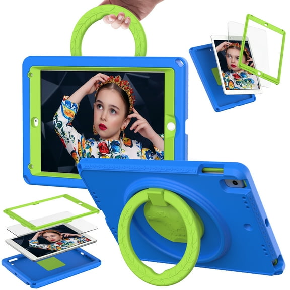 Feishell Case for iPad 5th/6th Gen (9.7-inch, 2017/2018), iPad Air/Air 2/iPad Pro 9.7 Built-in Screen Protector,360 Rotatable Folding Handle Kickstand Kids Friendly EVA Cover with Shoulder Strap,Blue
