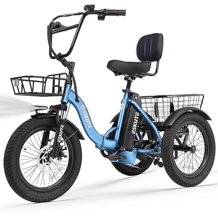 ESKUTE Blue E Trike Electric Bike, Peak 1200W Brushless Motor Folding Trike 18X3.0 Fat Tire Ebike, 499Wh Removable Battery, Step-Thru 3 Wheel Electric Bicycle, 48V 13AH 18MPH+ Tricycle for Adults