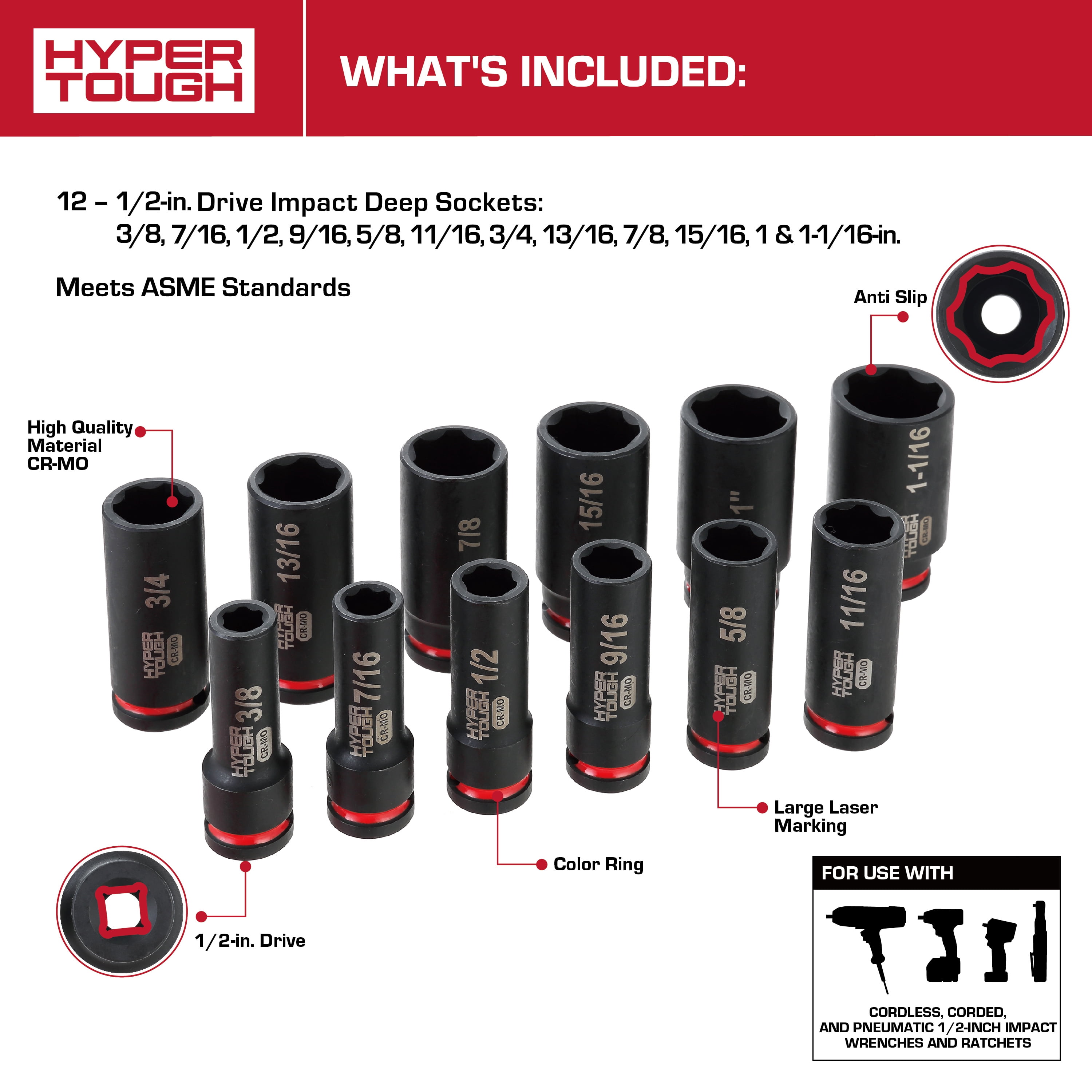 Hyper Tough 1/2-Inch Drive Impact Deep Socket Set, SAE, 12 Pieces