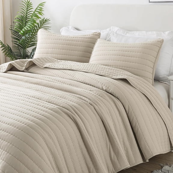 Queen Size Lightweight Beige Quilt Bedding Set with 2 Pillow Shams, All-Season Coverlet