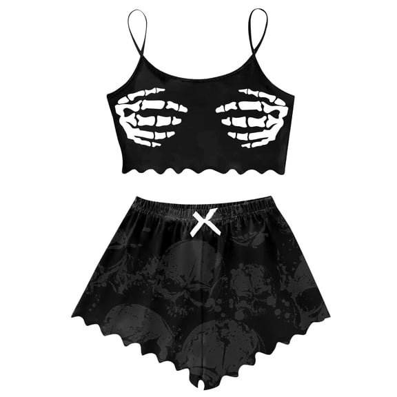 XIAONU Women's Skeleton Pattern Pajama Set Spaghetti Strap Scalloped Hem Gothic Sleepwear Shorts
