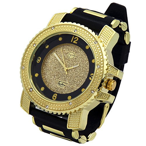 Totally Iced Out Cz Techno Pave Gold Tone Black Band Over Sized Hip Hop Men's Bling Bling Watch Watches