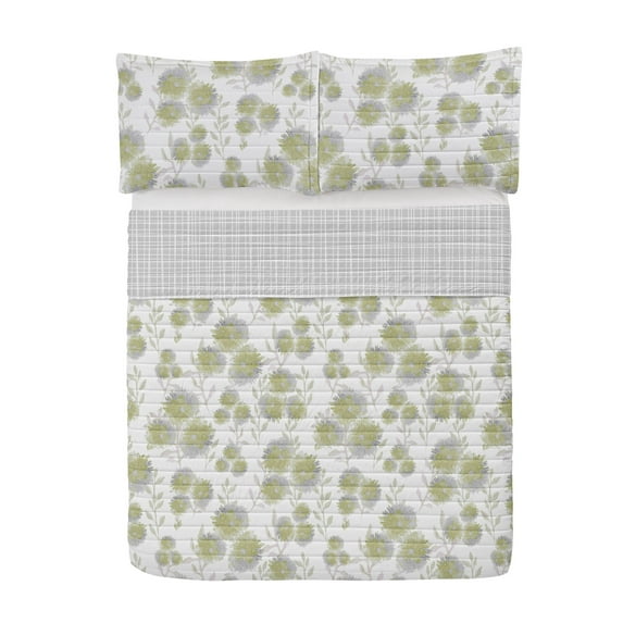 Floral Reversible Bedspread Set, Dandelion Flowers and Leave Farm House Style Watercolor Effect Art Print, Pillow Shams & Comforter Microfiber Bedding Set, 3 Sizes, Avocado Green Dimgray, by Ambesonne