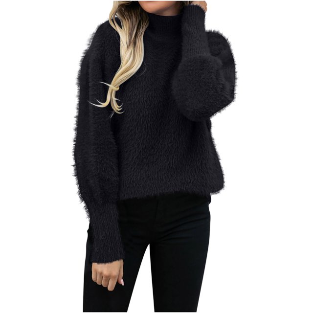 Chandail Tricoté Décontracté à Col Rond pour Femmes, Chandails à Col Roulé Surdimensionnés, Chandails en Peluche Tendance, Chandail à Manches Longues et Col Montant, Noir P-17 S