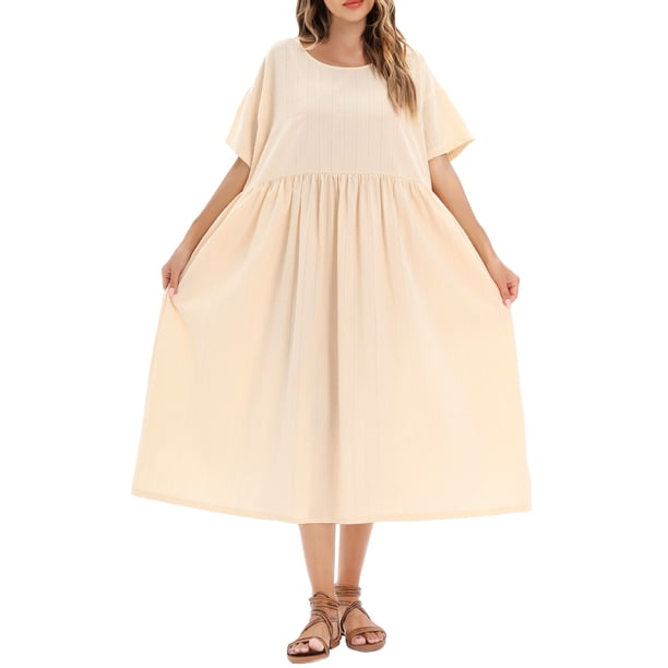 Vestido suelto de mujer con bolsillos Puntos Manga corta Vestido de algodón festivo CACAGOO Vestido